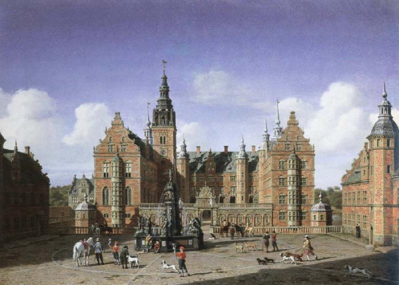 heinrich hansen frederiksborg castle,the departure of the royal falcon hunt oil painting picture